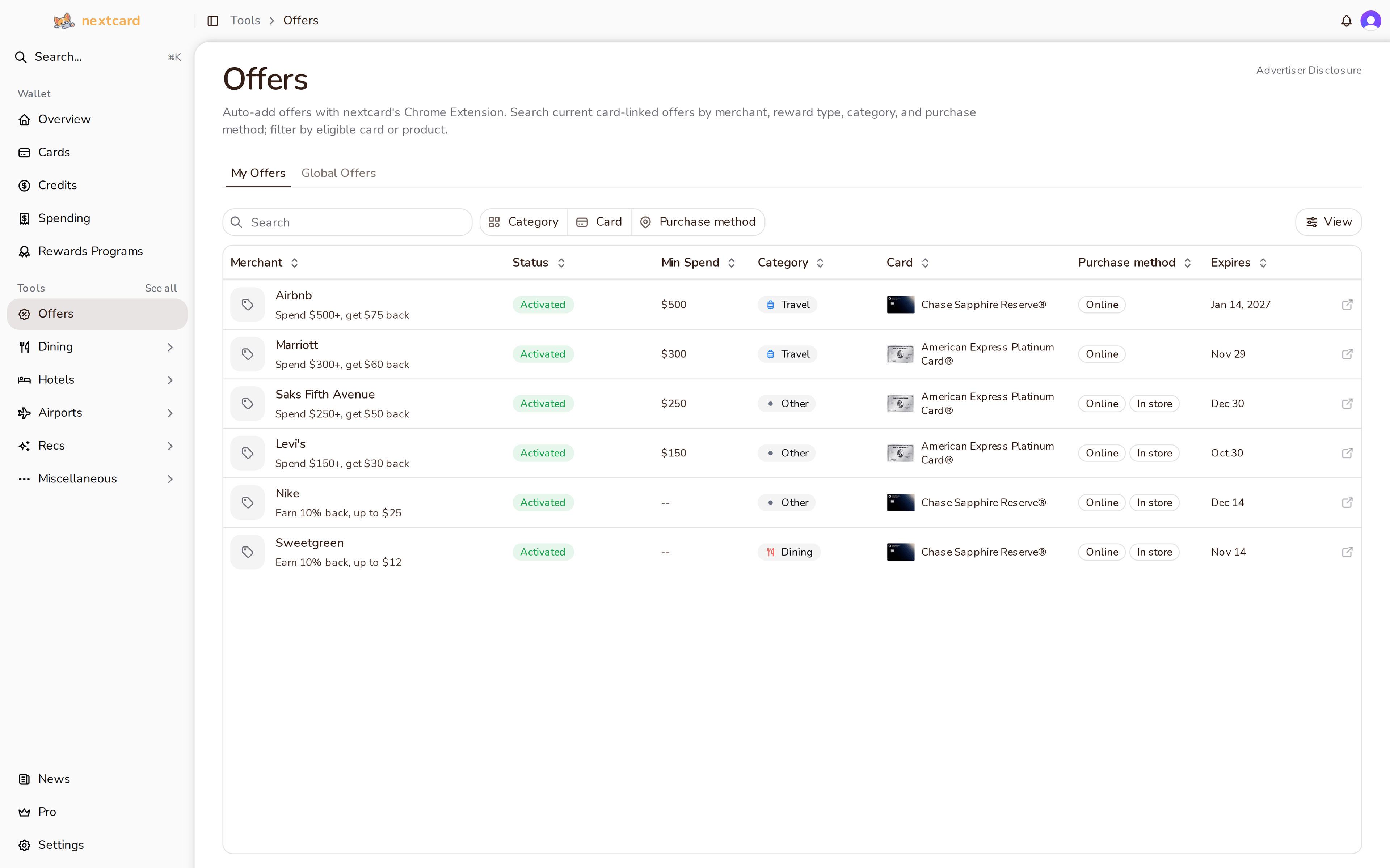 My card-linked offers in nextcard