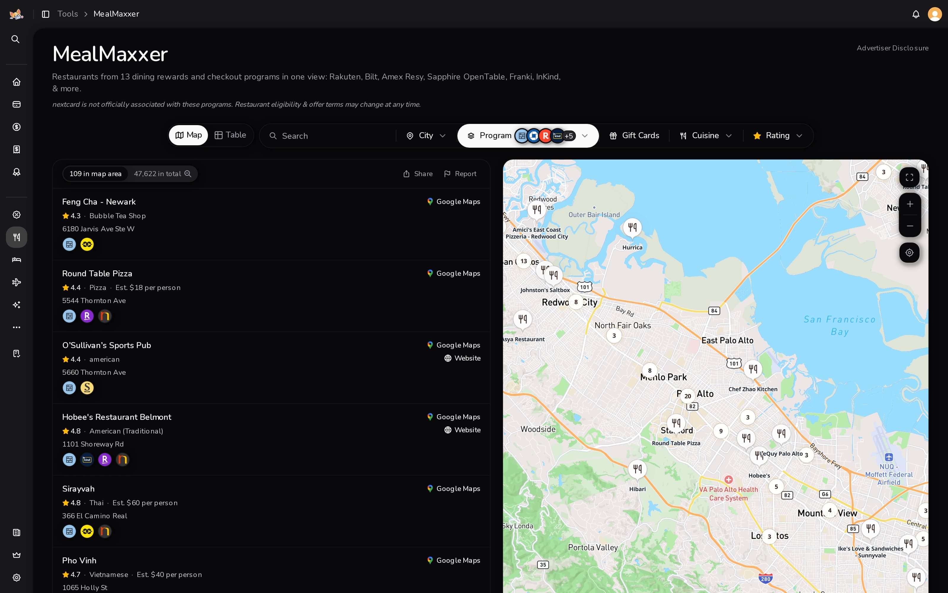 nextcard dining rewards map