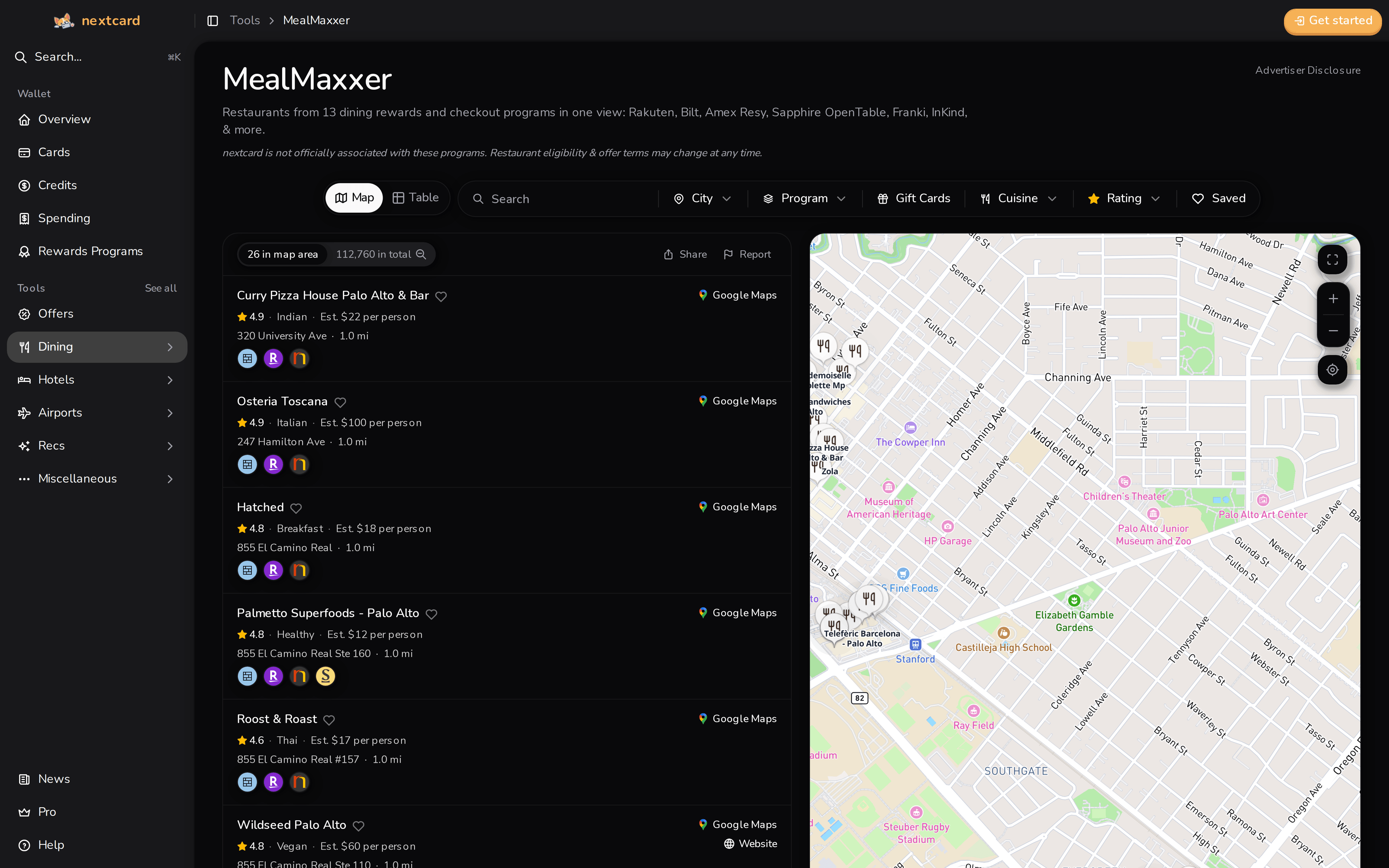 nextcard dining rewards map