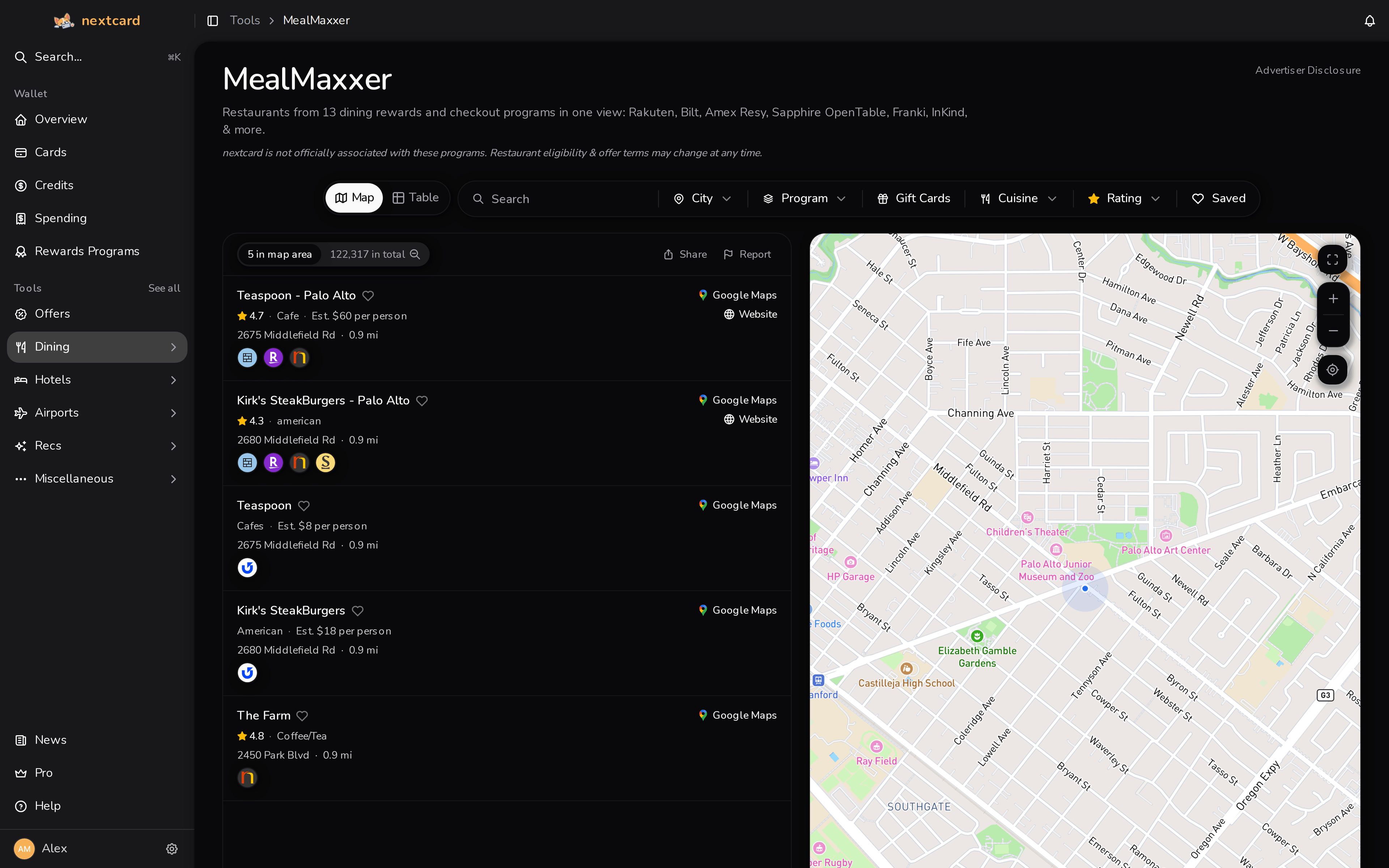 nextcard dining rewards map