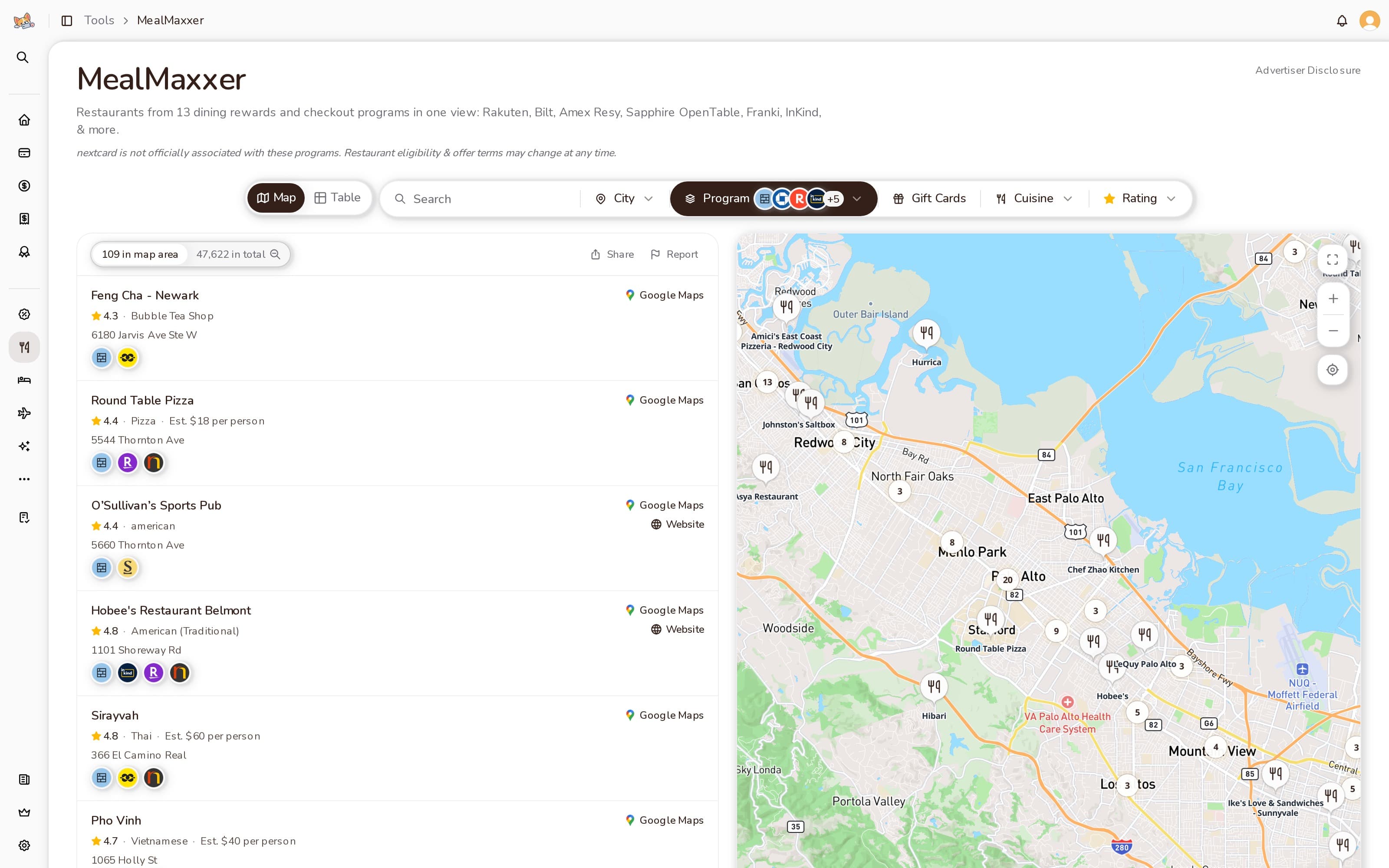 nextcard dining rewards map