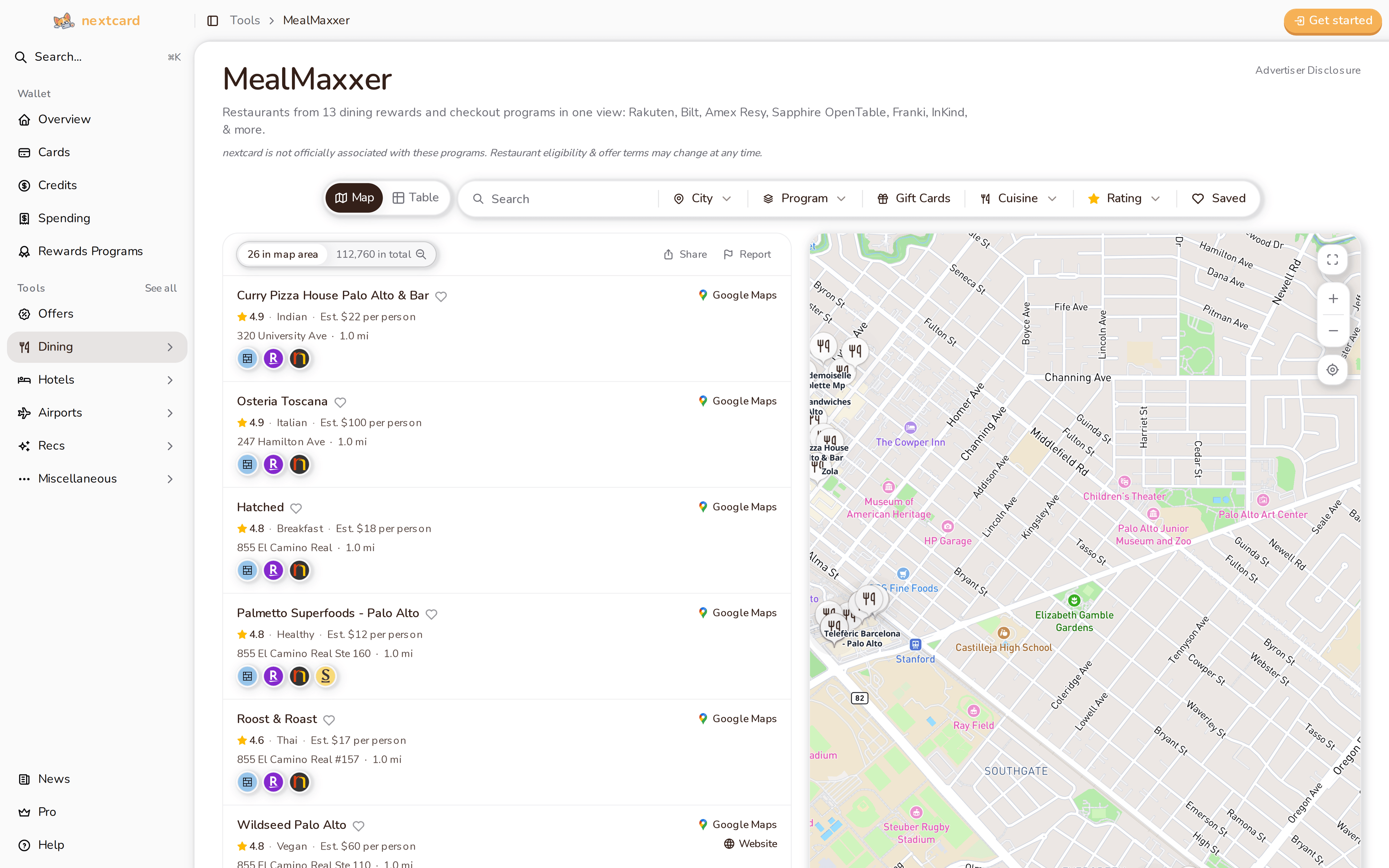 nextcard dining rewards map