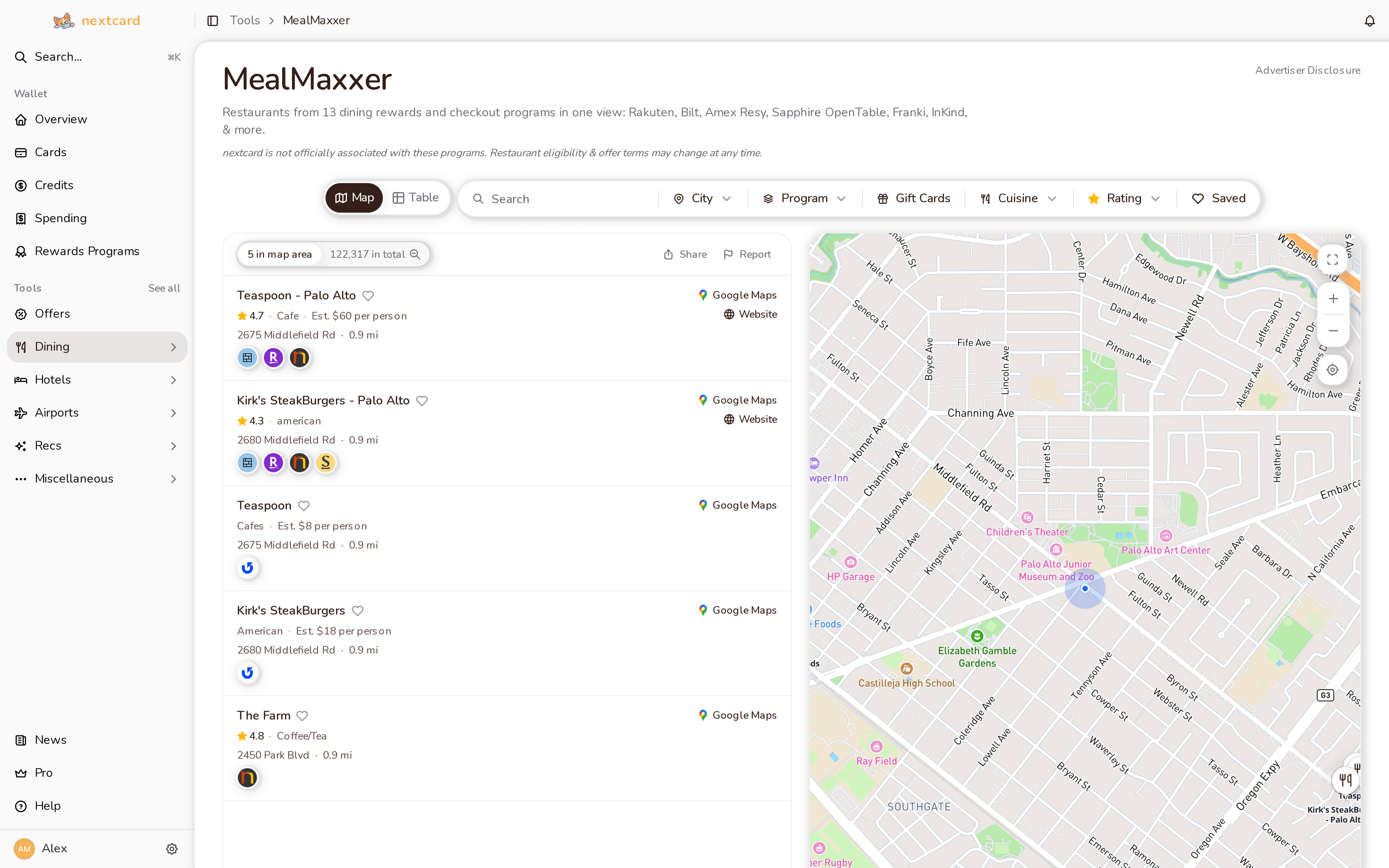 nextcard dining rewards map