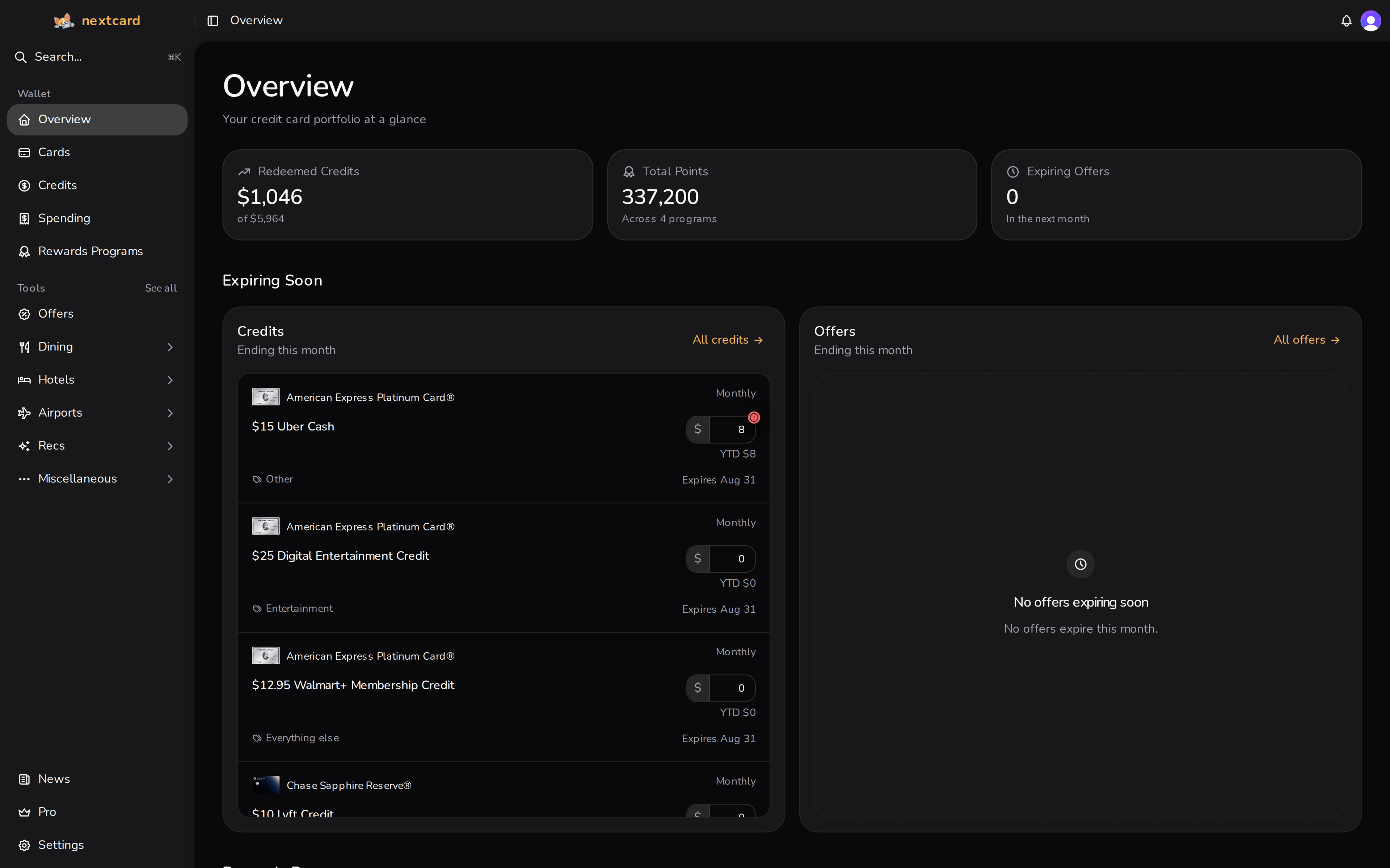 nextcard overview dashboard