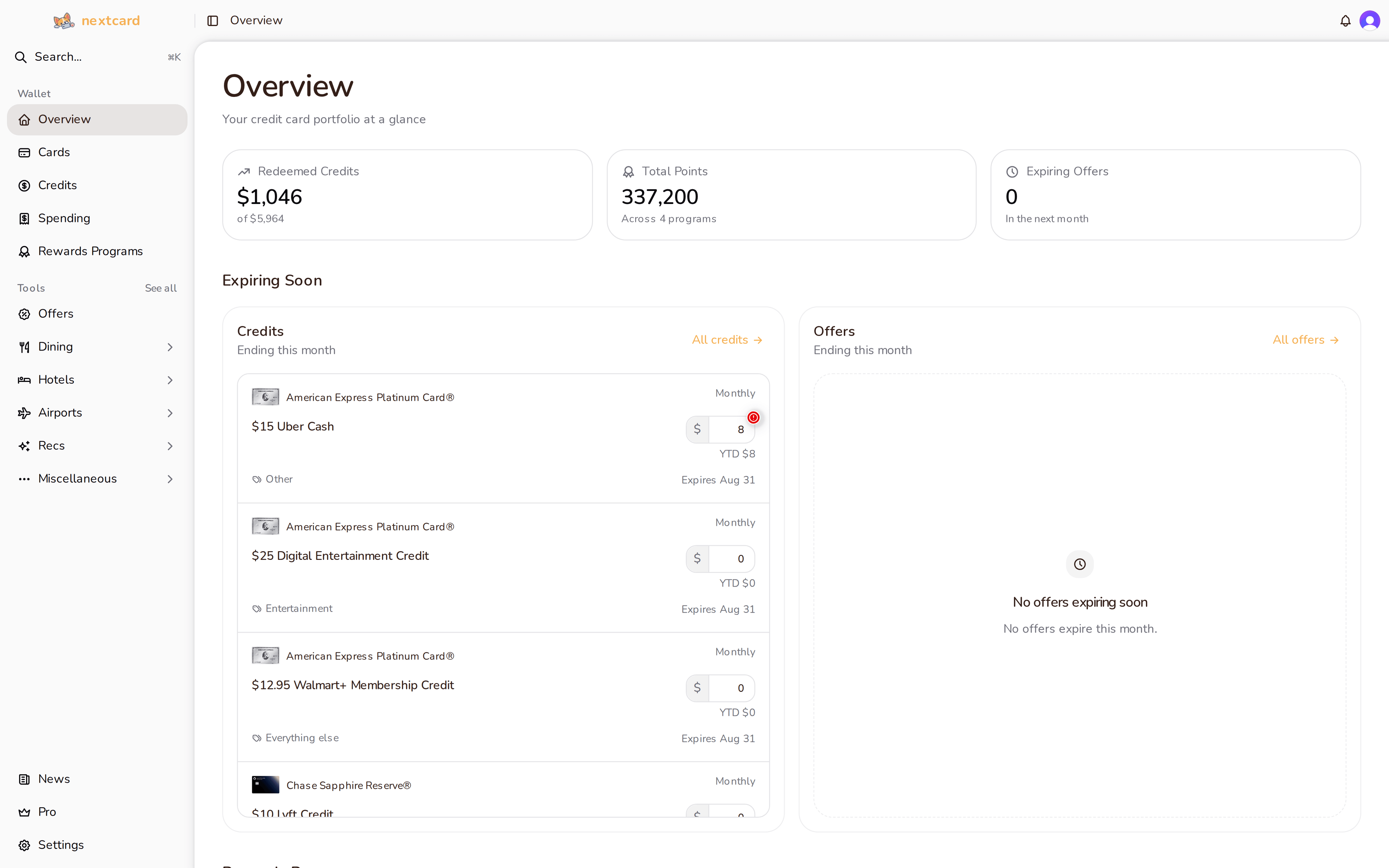 nextcard overview dashboard