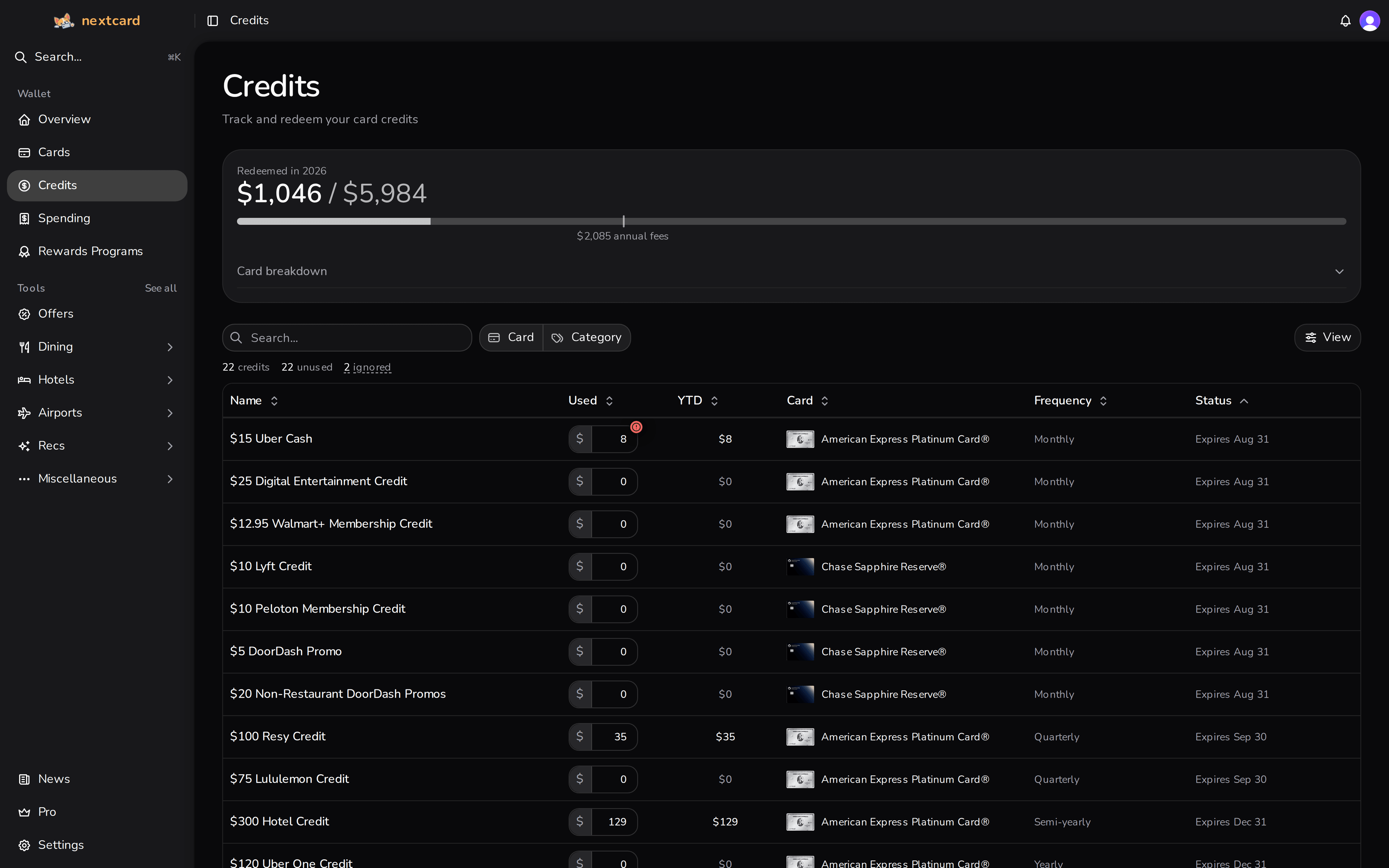 nextcard credit tracking dashboard