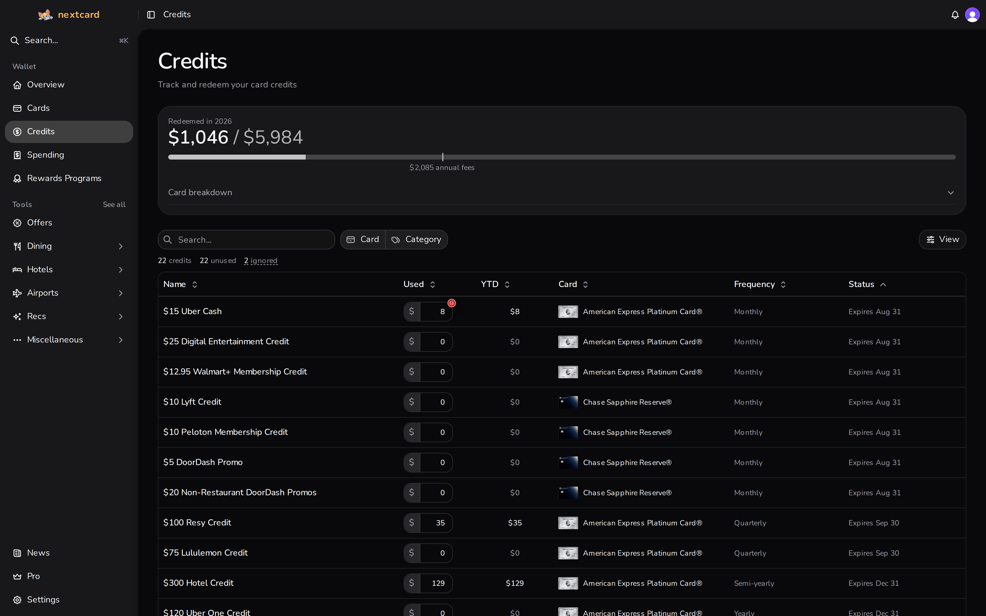 nextcard credit tracking dashboard