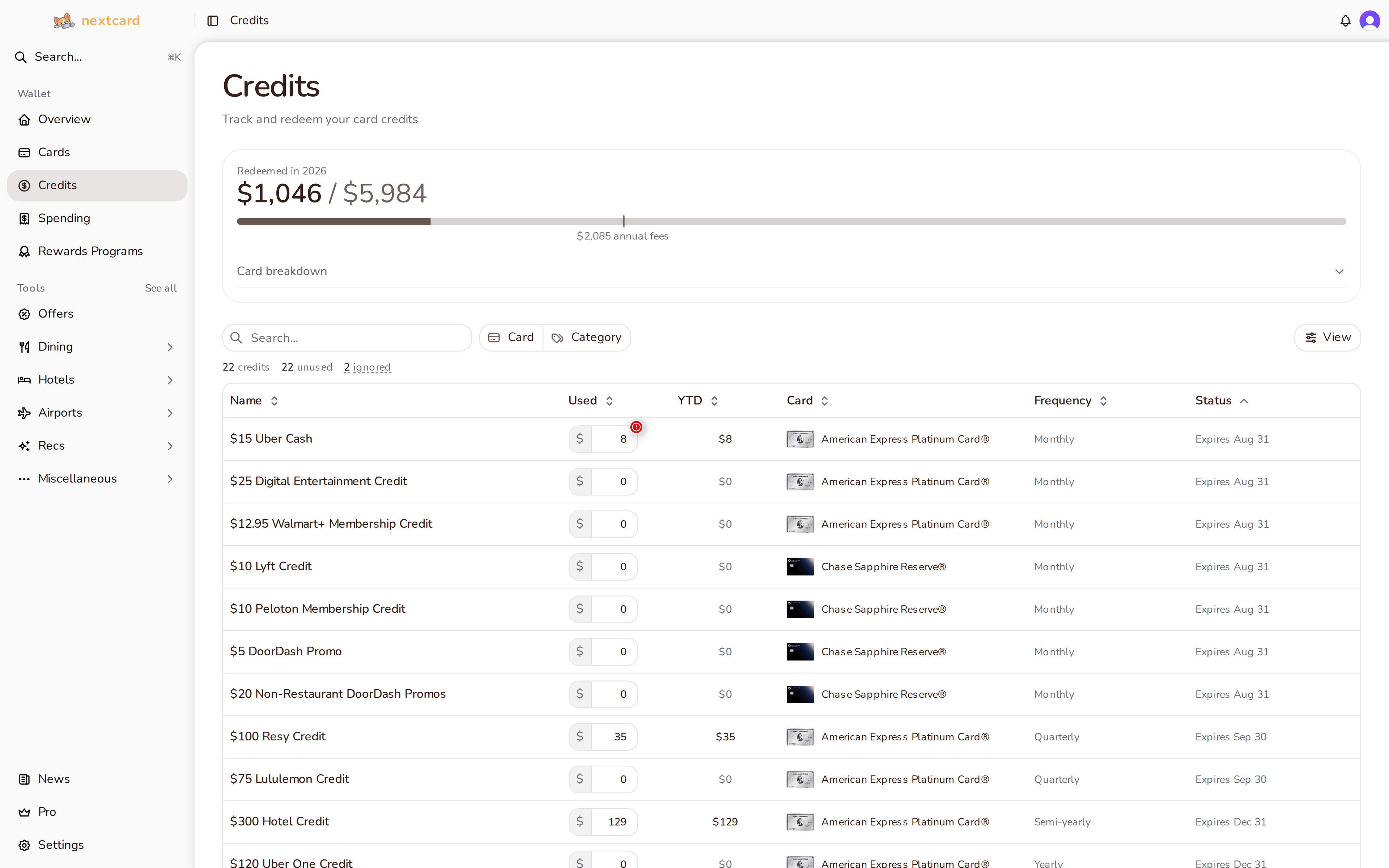 nextcard credit tracking dashboard