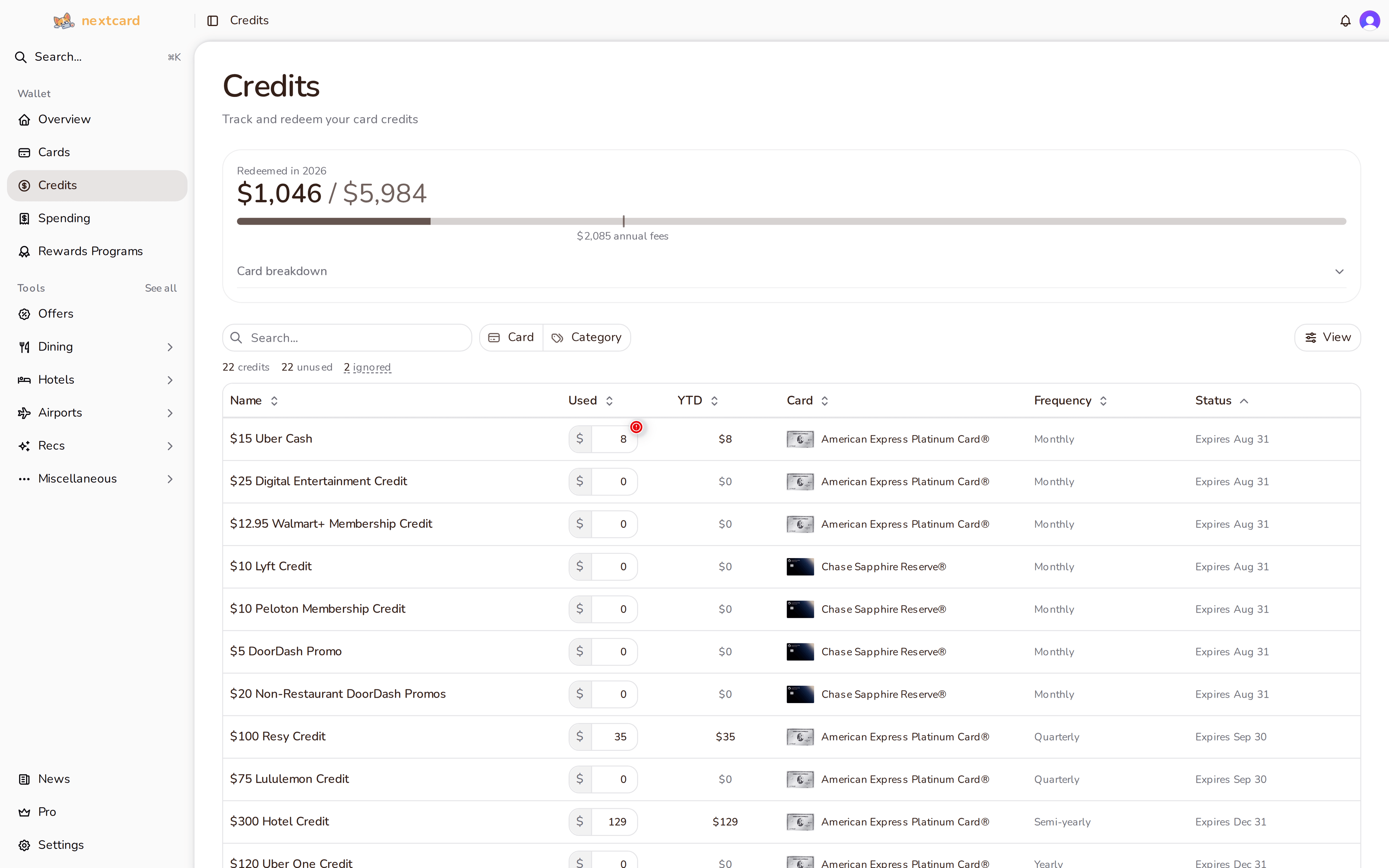 nextcard credit tracking dashboard
