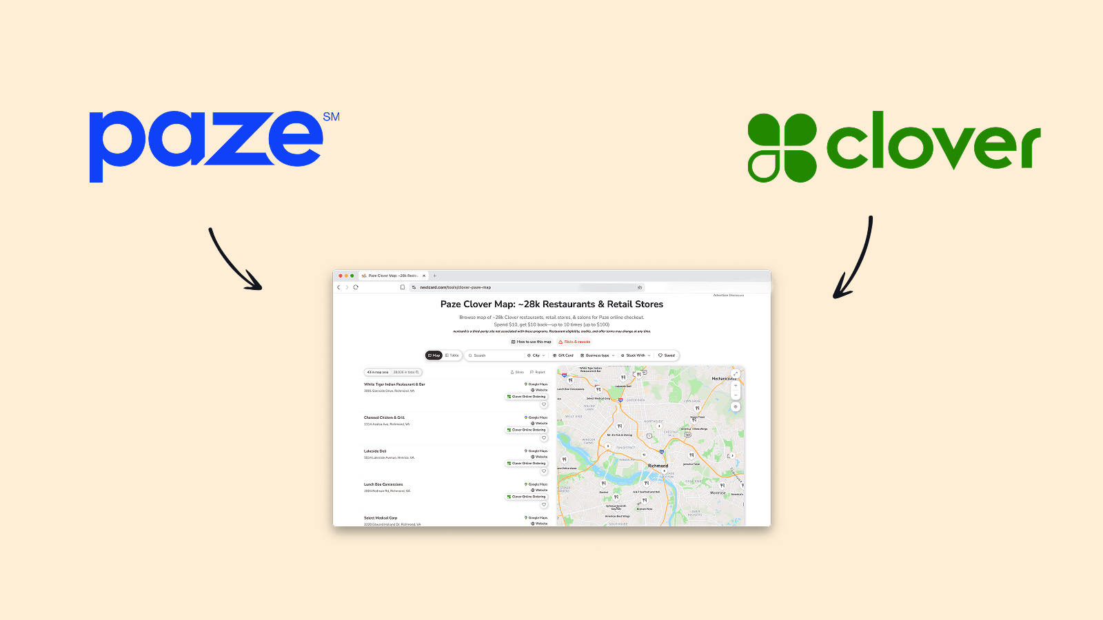 Paze Clover map showing participating restaurants and retail stores