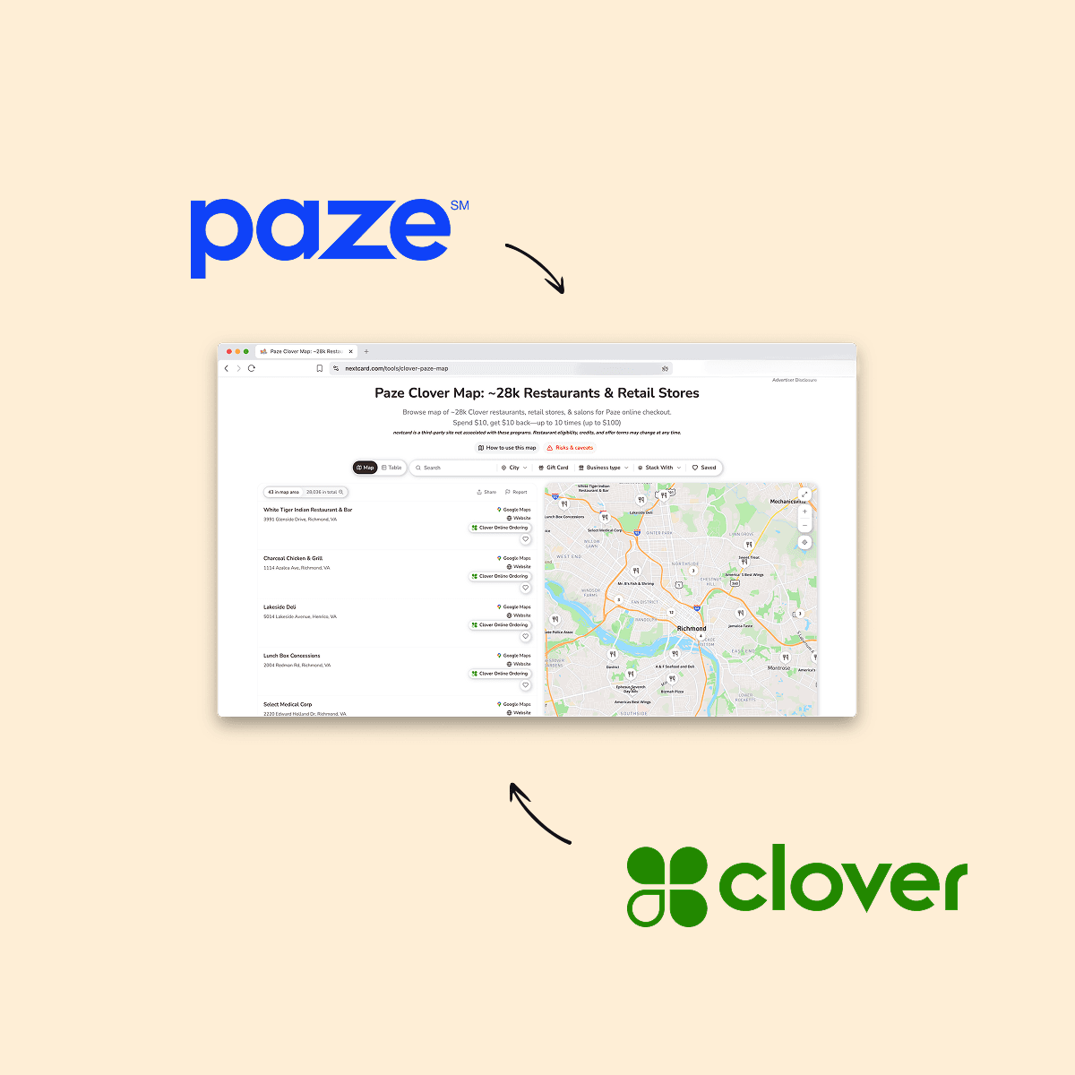 Paze Clover map showing participating restaurants and retail stores