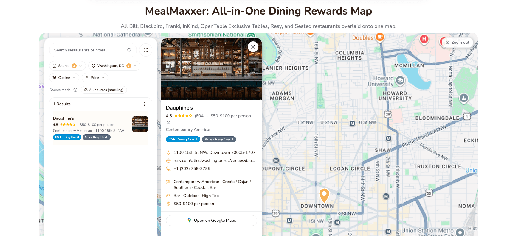 MealMaxxer map showing Dauphine's in Washington, DC and its eligible dining programs.