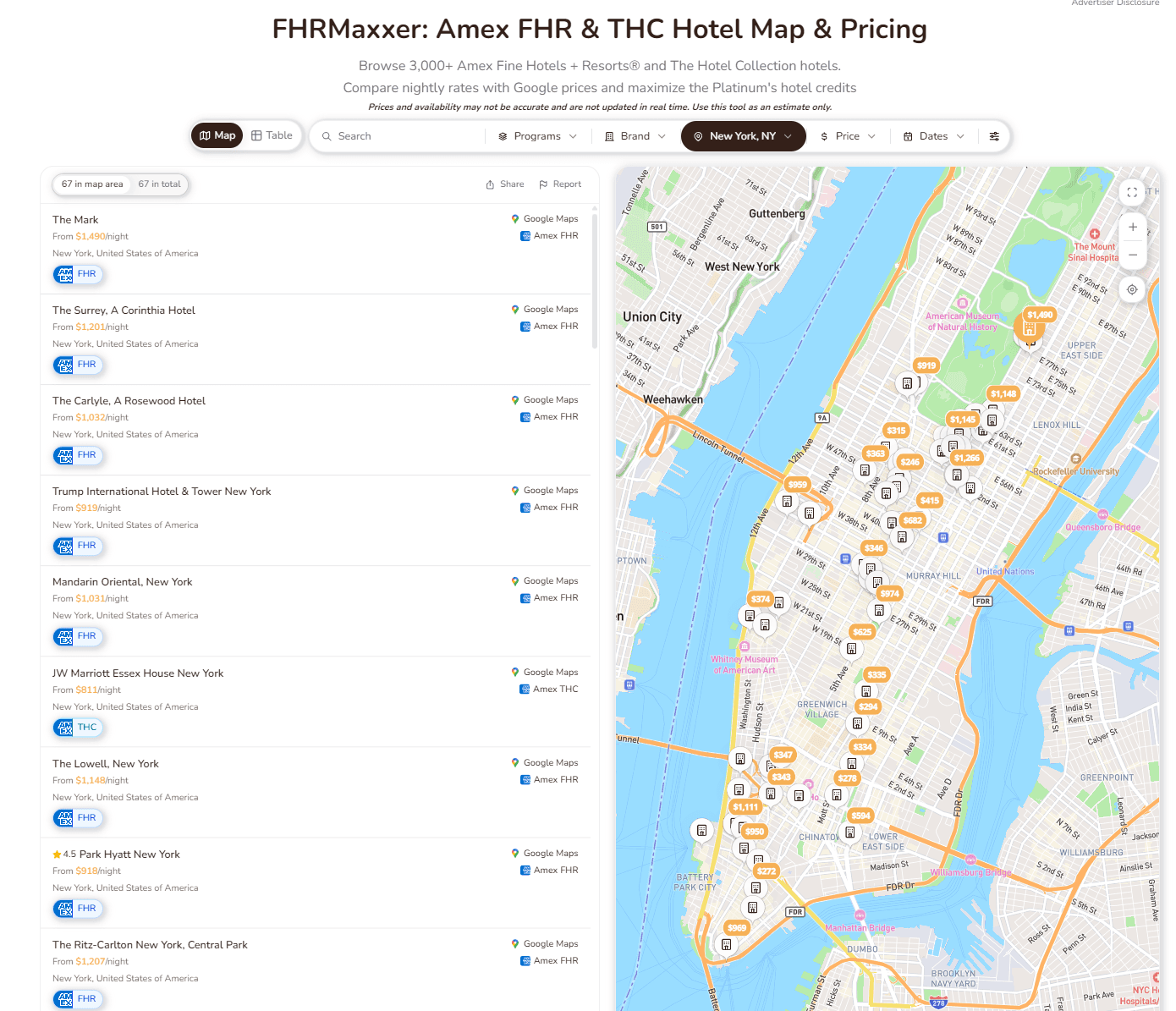 Cheapest Amex Platinum FHR hotels in New York City (2026)
