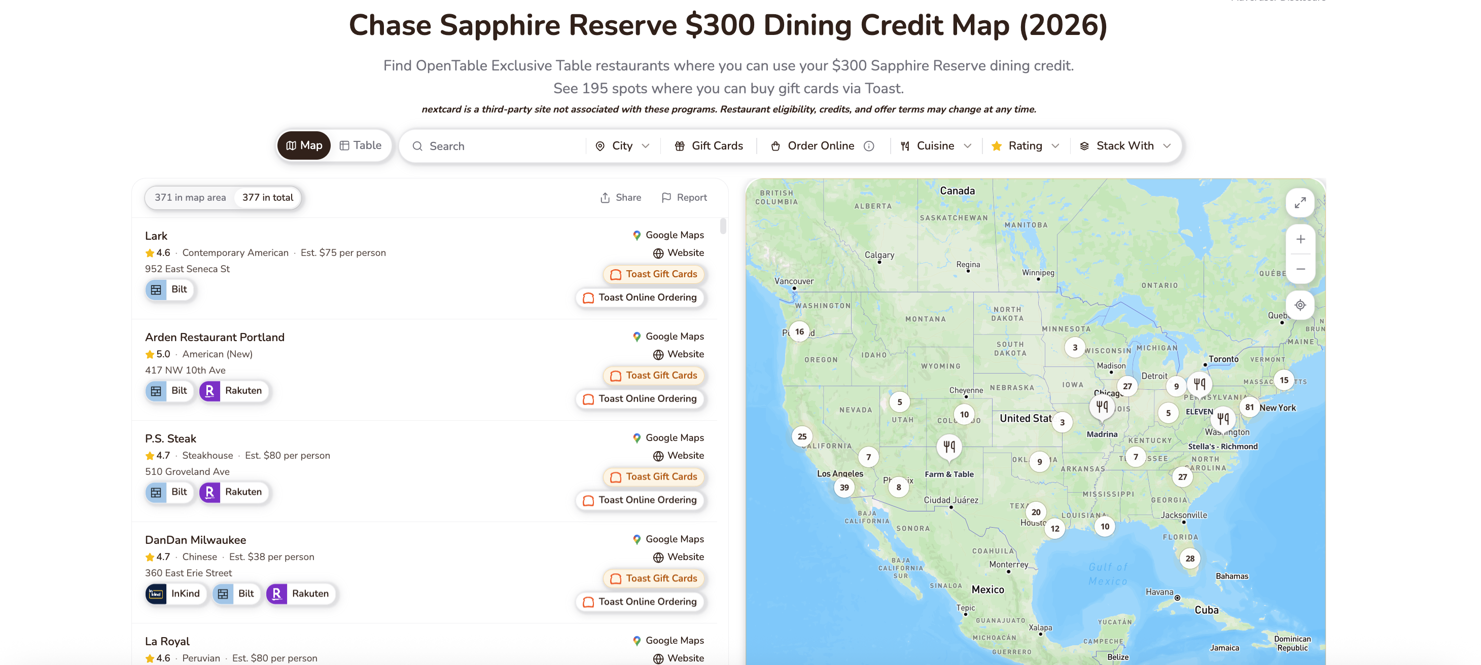 Creic Map Chase Sapphire Reserve $300 Dining Credit Map (2026)